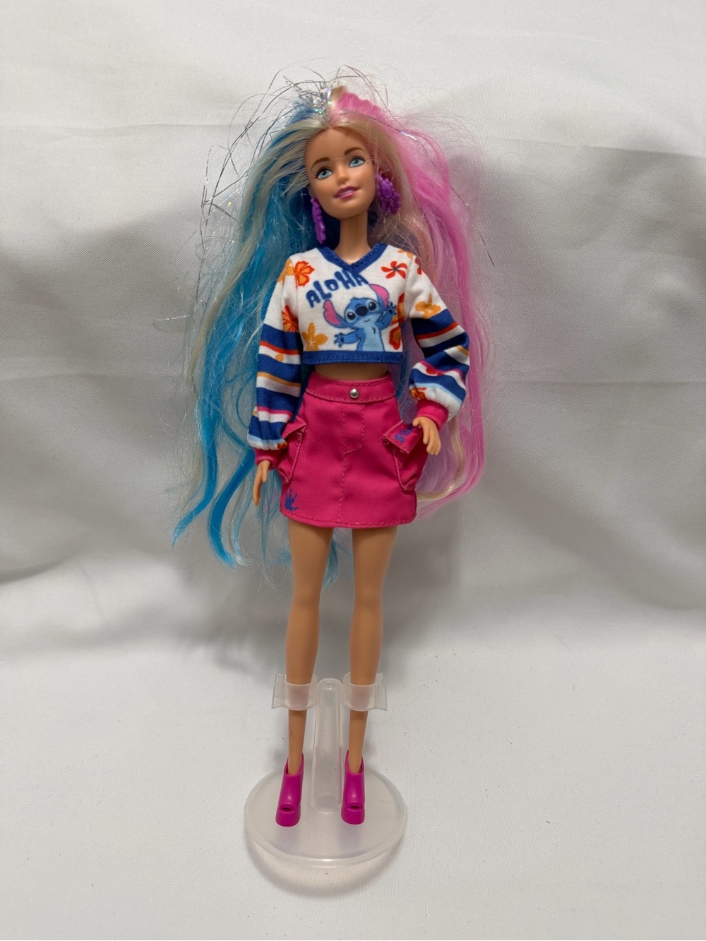 Barbie Doll with Pink & Blue Hair in Aloha Stripe Sweater